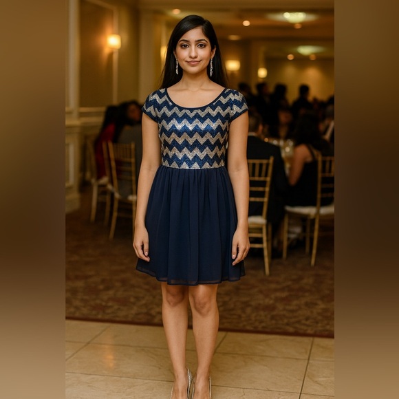 B. Darlin Juniors Navy & Silver Sequin Dress – Size 3/4 Cocktail Formal Prom - Picture 2 of 3